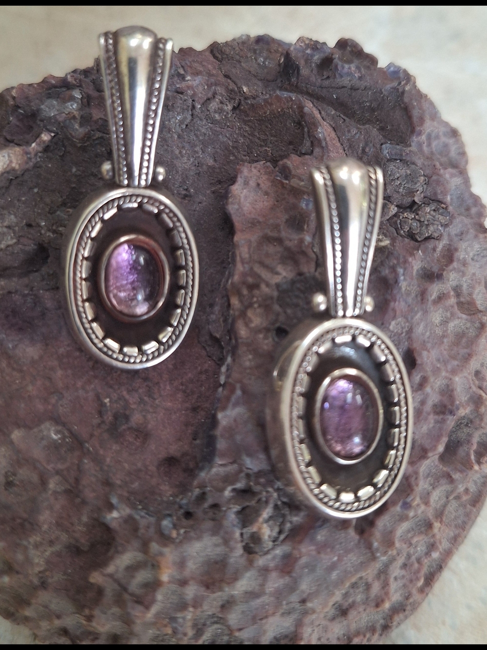 Sterling Silver Amethyst Stone Oval Drop Earrings - Unbranded